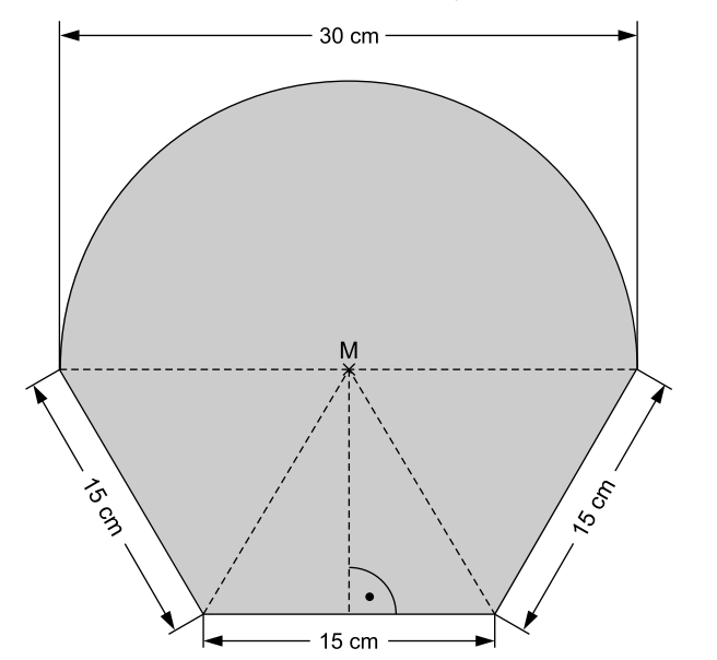 Geometrische Figur mit Maßangaben in cm und gestrichelten Hilfslinien.